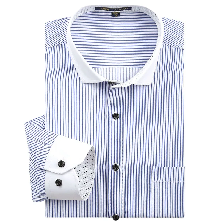 Long Sleeve Striped Men Dress Shirts Regular Fit White Collar Casual Social Shirt Asian Size XXL / 42