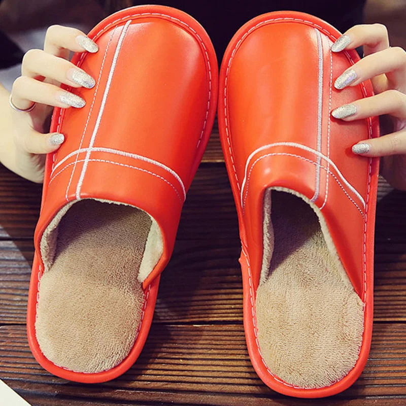 spring high quelity leather shoes for men indoor slippers soft round toe home slippers man spring/winter shoes - Цвет: Orange