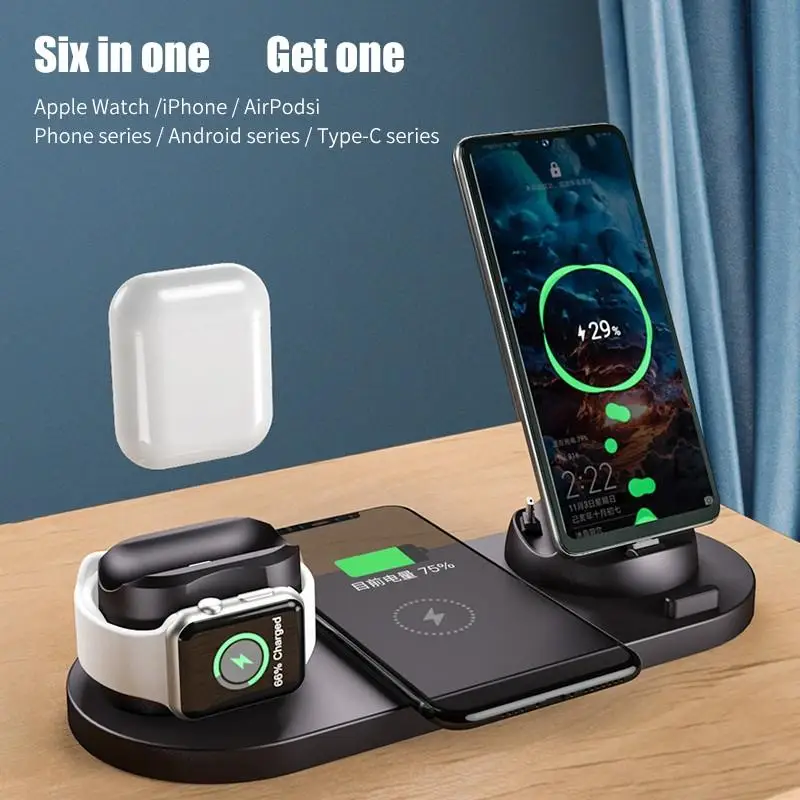 2021 6 in 1 Wireless Charger Dock Station For iPhone Android Type-C USB Phones 10W Qi Fast Charging For Apple Watch AirPods Pro