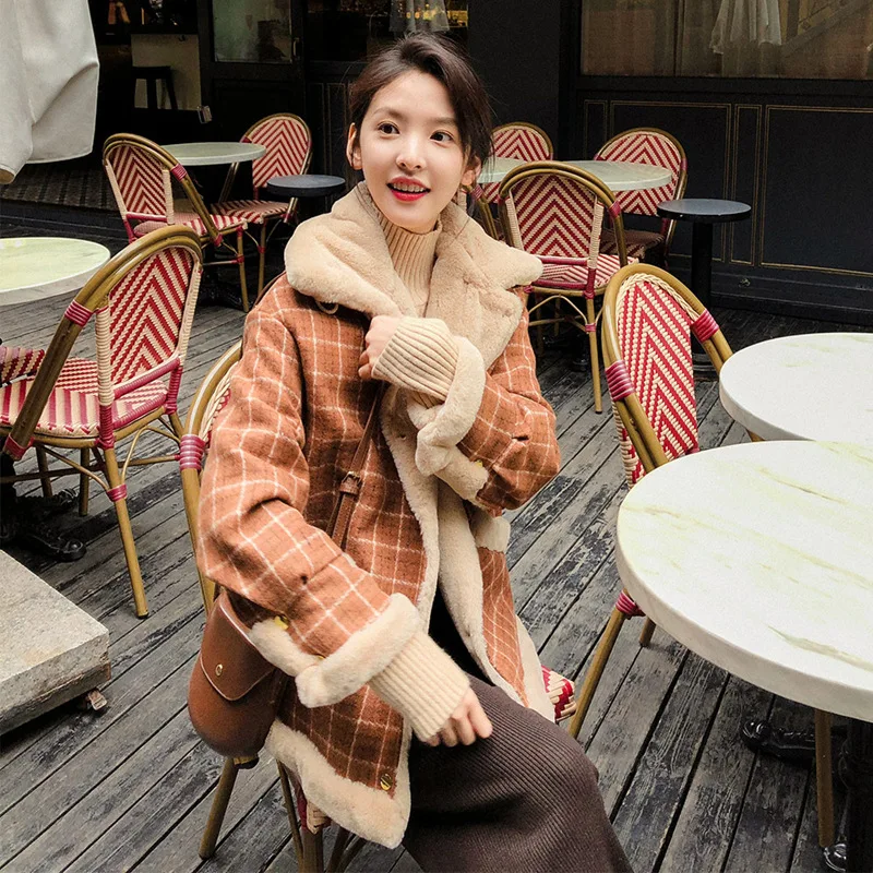 

Cotton-padded Clothes Women's 2019 Winter New Style Ronon Thick Retro CHIC Rabbit Fur Woolen Plaid Coat