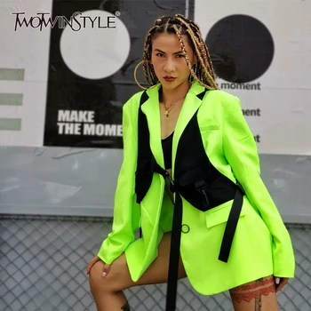 

TWOTWINSTYLE Elegant Women's Suit Lapel Collar Long Sleeve Lemon Blazer Black Bandages Vest Two Piece Set Female 2020 Fashion