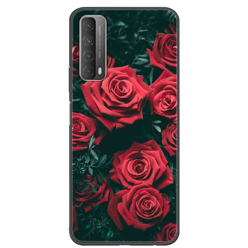 For Huawei P smart 2021 Case Flowers Black Silicone Soft Phone Cases For Huawei P Smart 2021 Cover Fundas Coque on PSmart 2021 huawei phone cover