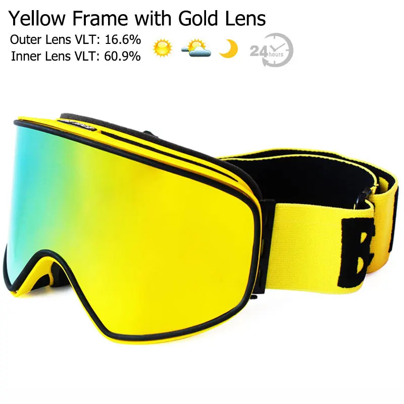 Лыжные очки 2 в 1 с магнитными двойными линзами для ночного катания на лыжах, противотуманные UV400 очки для сноуборда, мужские и женские лыжные очки - Цвет: Yellow