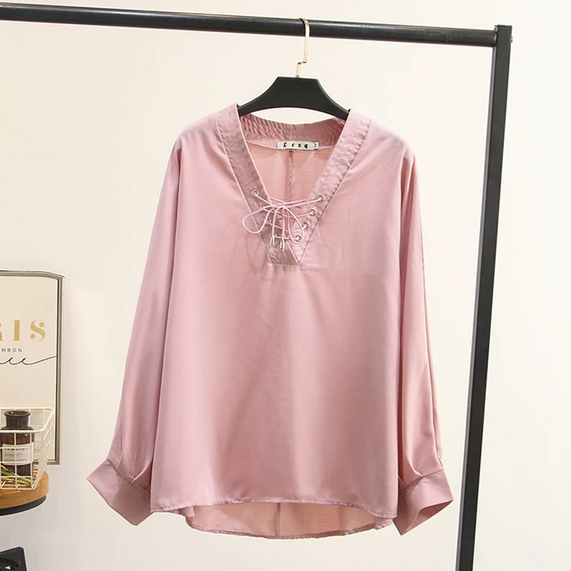 

black pink khaki plus size blouse Casual Shirts for Women 2019 new V neck solid Women Loose Blouse women tops KKFY3951