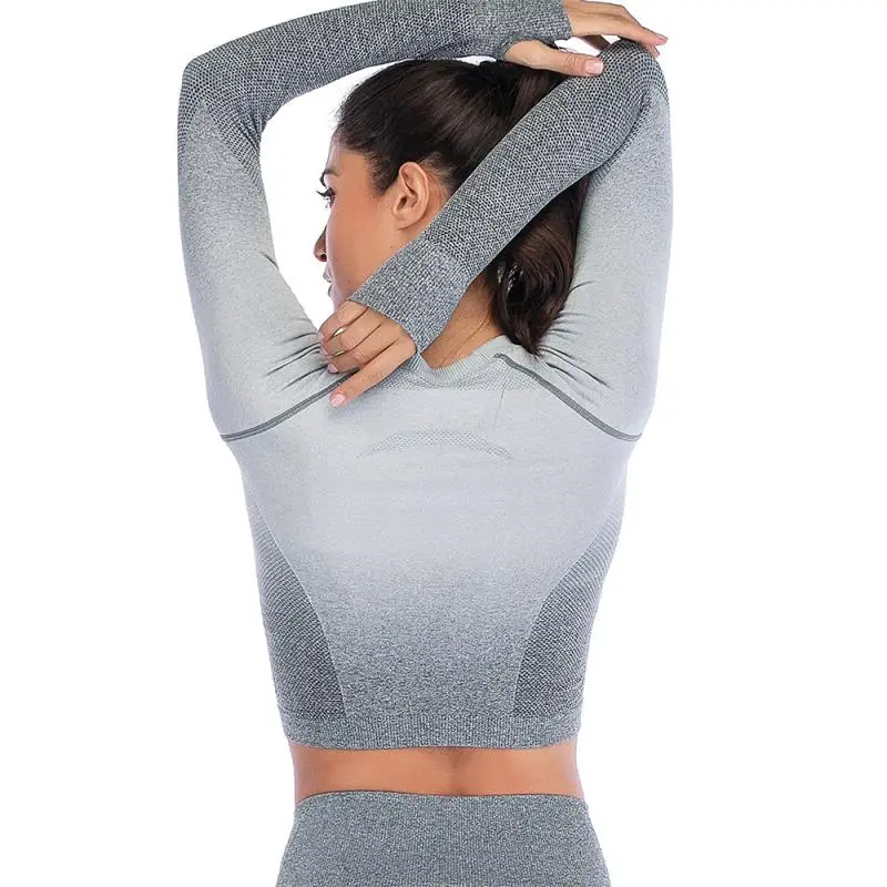 Женская Спортивная футболка с длинным рукавом для йоги, градиентный бесшовный топ для спортзала, топы для тренировок для женщин, Спортивная футболка, одежда для фитнеса 7