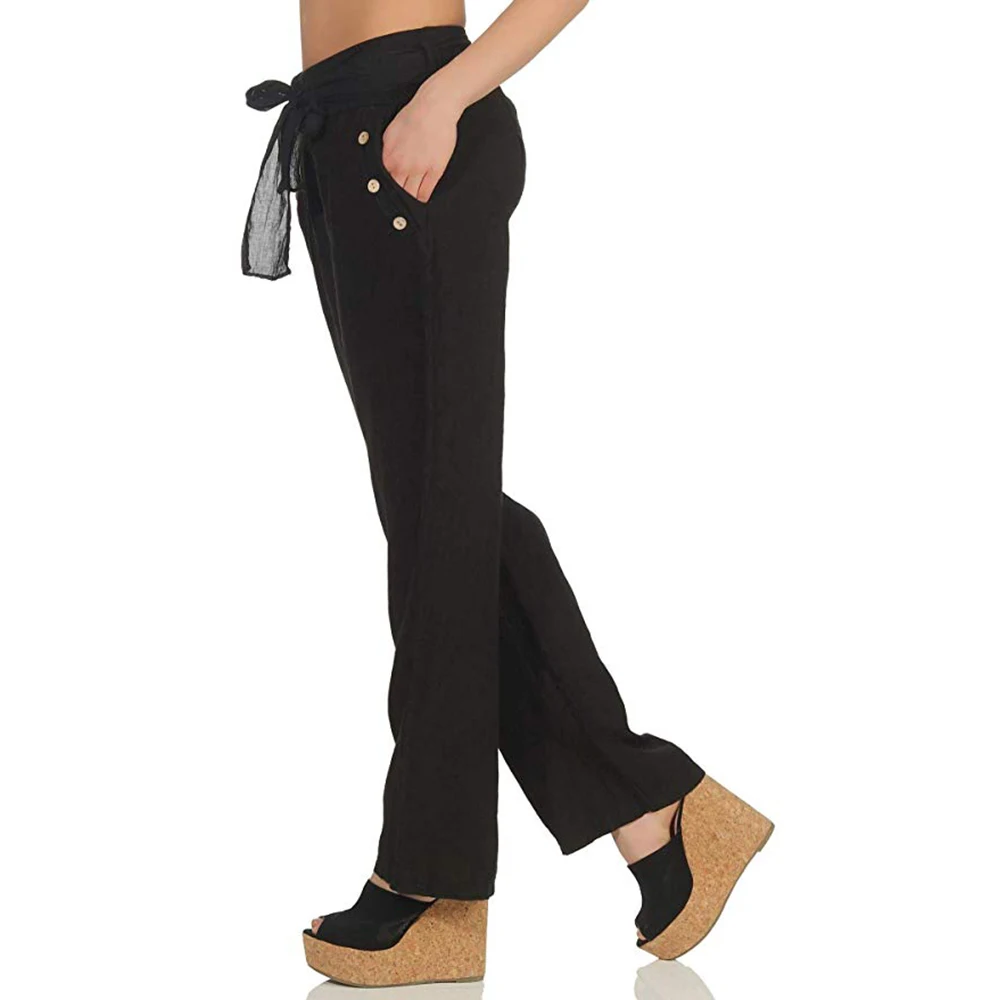 

2019 Womens Casual Linen Pants Wide Leg Pants Female Trousers Solid Color Autumn Winter Vintage Drawstring Elastic Waist Pants