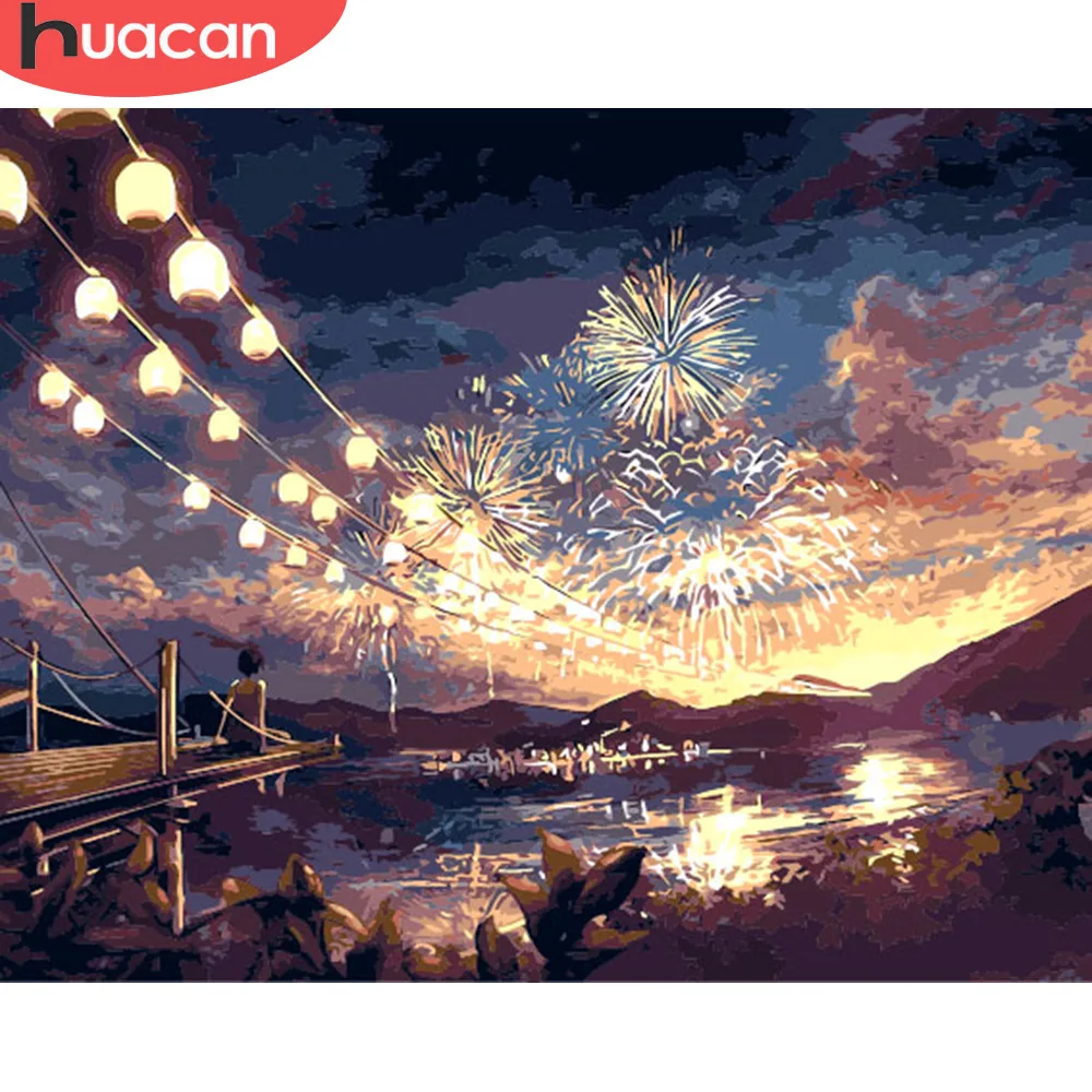 

HUACAN DIY Oil Painting By Numbers Fireworks Landscape Kits Canvas HandPainted Gift Pictures Night Scenery Home Decor
