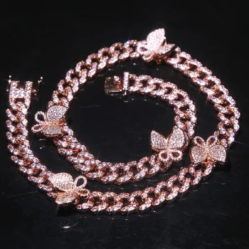 

2020 Iced Out Bling Cz Miami Cuban Link Chain Butterfly Charm Choker Necklace Hip Hop Women Jewelry Gift