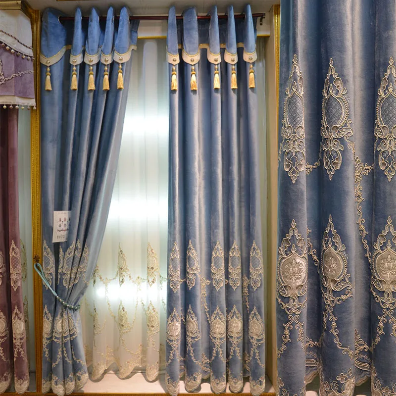 

Luxurious atmosphere flannel shade curtain custom high grade European living room bedroom embroidery floor floating curtain