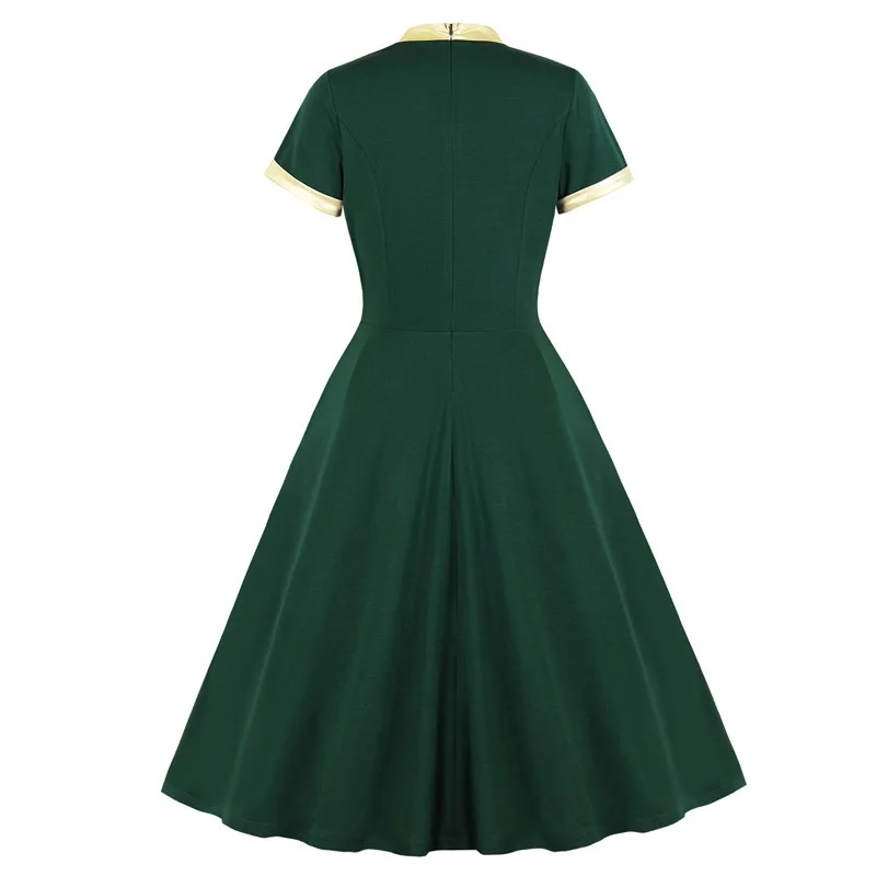 Tonval винтажное зеленое платье с высокой талией и бабочкой, женские офисные элегантные плиссированные платья средней длины с карманами