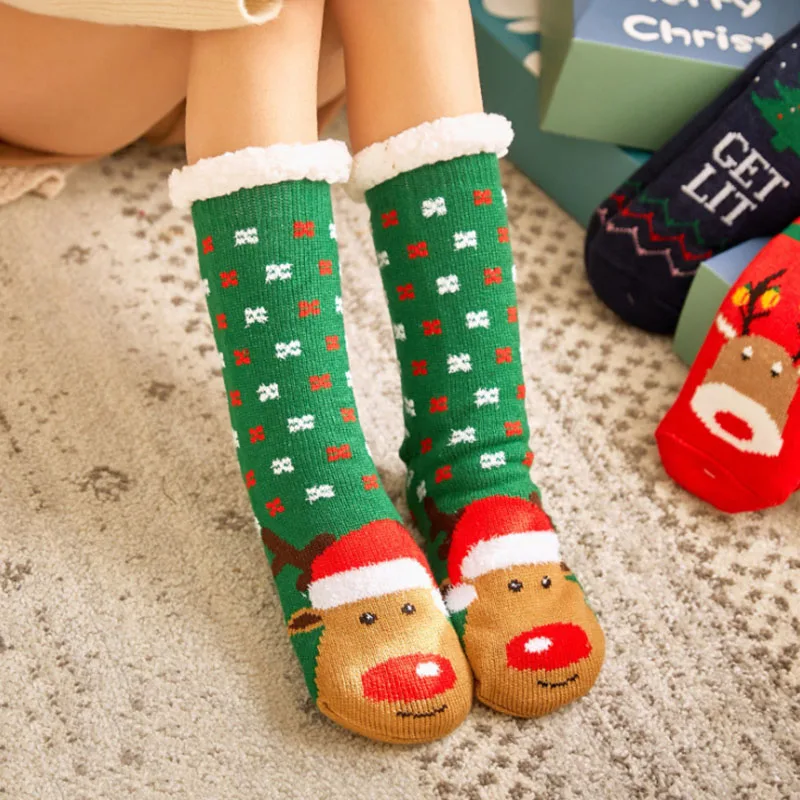 green elk Модные зимние женские утепленные Теплые Зимние Носки с рисунком кота, лося, овечки домашние теплые ботинки женские носки до щиколотки - Цвет: green elk