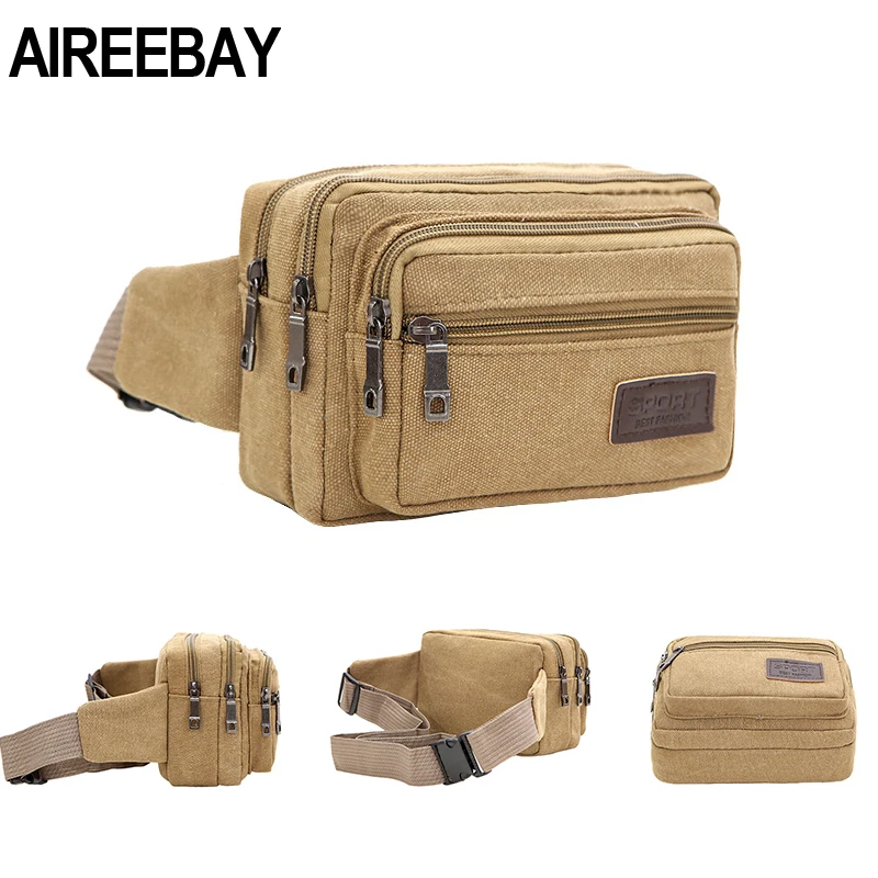 AIREEBAY Мужская поясная сумка с 4 карманами на молнии повседневная прочная холщовая