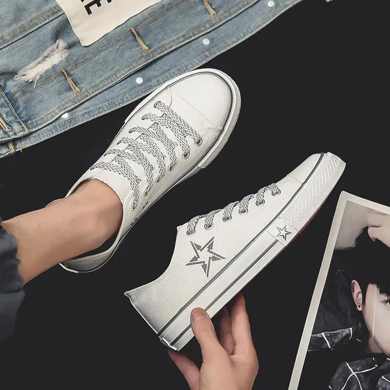 

2020 Unisex White Plimsolls Men's Canvas Sneakers Classic Lace Up Oxfords Student Fashion Shoes Man Stars Printed Flat Sneakers