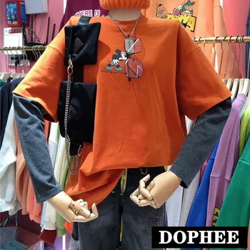 

Korean New Spring Long-sleeved T-shirt Women 2020 Loose Mickey Print Fake Two-piece Thick Undershirt Student Casual Tops