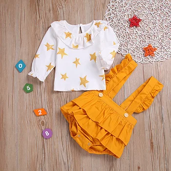 

Baby Girls Clothing Sets 2020 Autumn Star Printed Long sleeve T-shirt+Strap Romper 2Pcs Toddler Jumpsuit For 0-24M