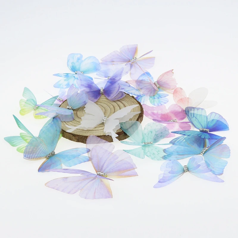 더블 레이어 모조 다이아몬드 오간자 나비, DIY 헤어 핀 제작, 웨딩 드레스 의류 장, 영원한 얇은 명주 그물 나비