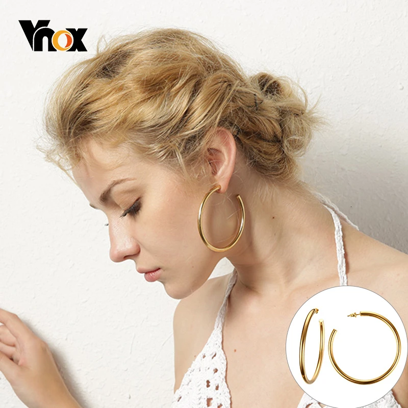 

Vnox Minimalist Oversize Hoop Earrings for Women Circle Round Stainless Steel Anti Allergy Female Punk Statement Jewelry