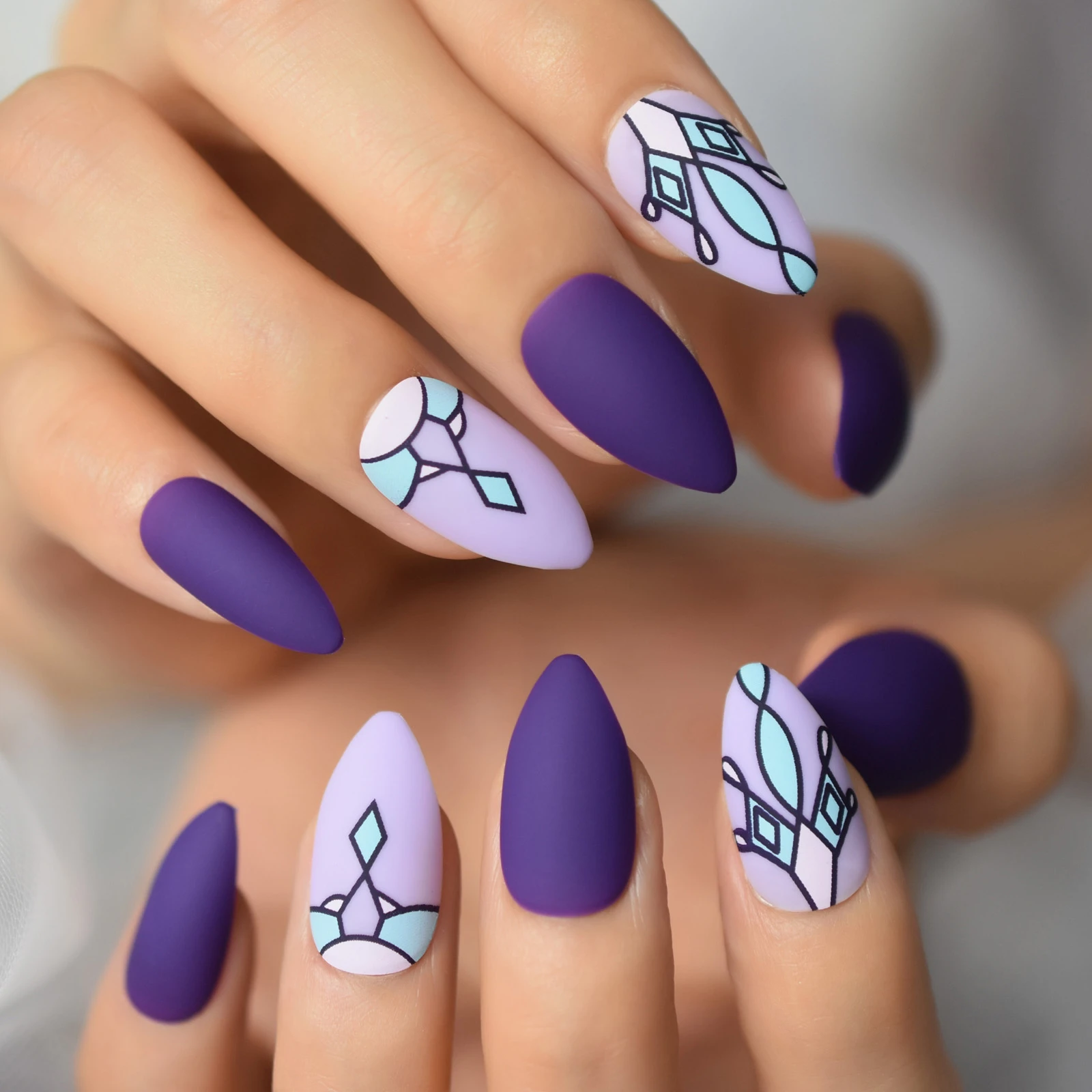 Matte Purple Press on Fake Nail Stiletto Diamond Pattern Pre Design False  Nails Frosted Full Cover Wear Nail Art Tips for Women|False Nails| -  AliExpress