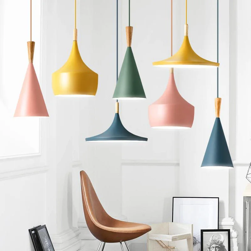 Nordic Pendant Light Wood Suspended Lamp Pink Blue Green Yellow Aluminium E27 LED Hanging Lamps Restaurant Dining Room Kitchen | Лампы и