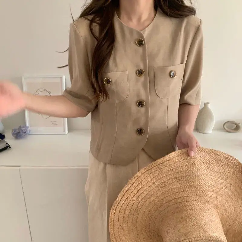 Women Korea Casual Office Blazers Top O-Neck Summer Simple Solid Short Sleeve Blazers Coat Fall Femme Work Short Blazers