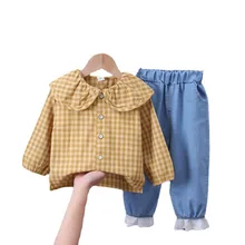 Survêtement en coton pour enfants, vêtements à la mode pour bébés filles, chemise à carreaux et pantalons, vêtements décontractés pour tout petits, 2 pièces/ensembles, printemps automne 