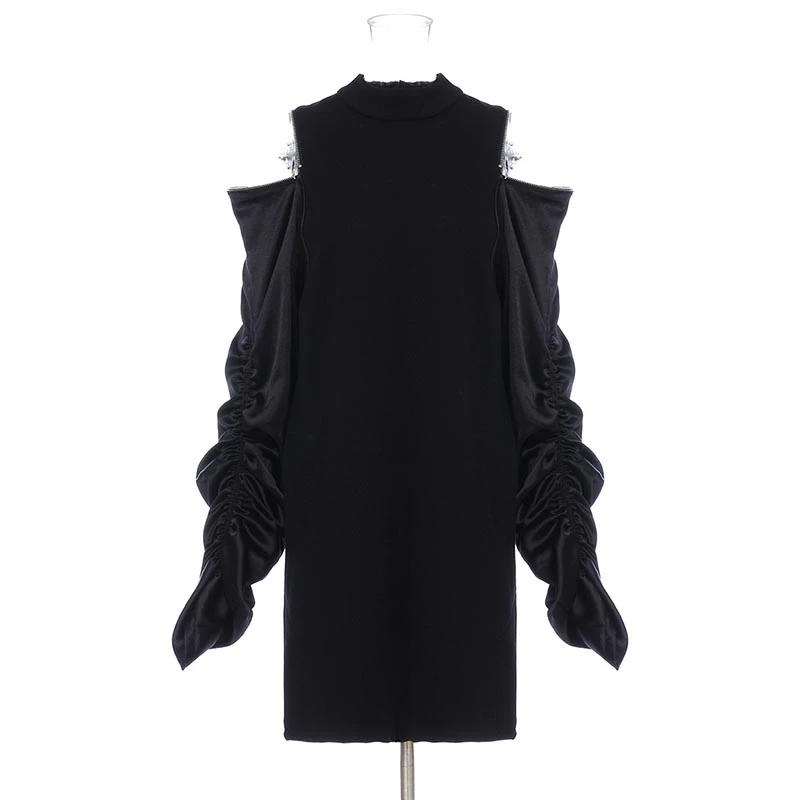 black TWOTWINSTYLE повседневное лоскутное женские платья с круглым вырезом Фонарь длинным рукавом с открытыми плечами Свободное платье для женщин модная одежда Новинка - Цвет: black