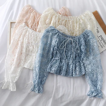 

Female Hollow Ladies Blouses Sweet Butterfly Sleeves Lace Tops Short Style Women Ruffles Summer Lace Up Slash Neck Shirts