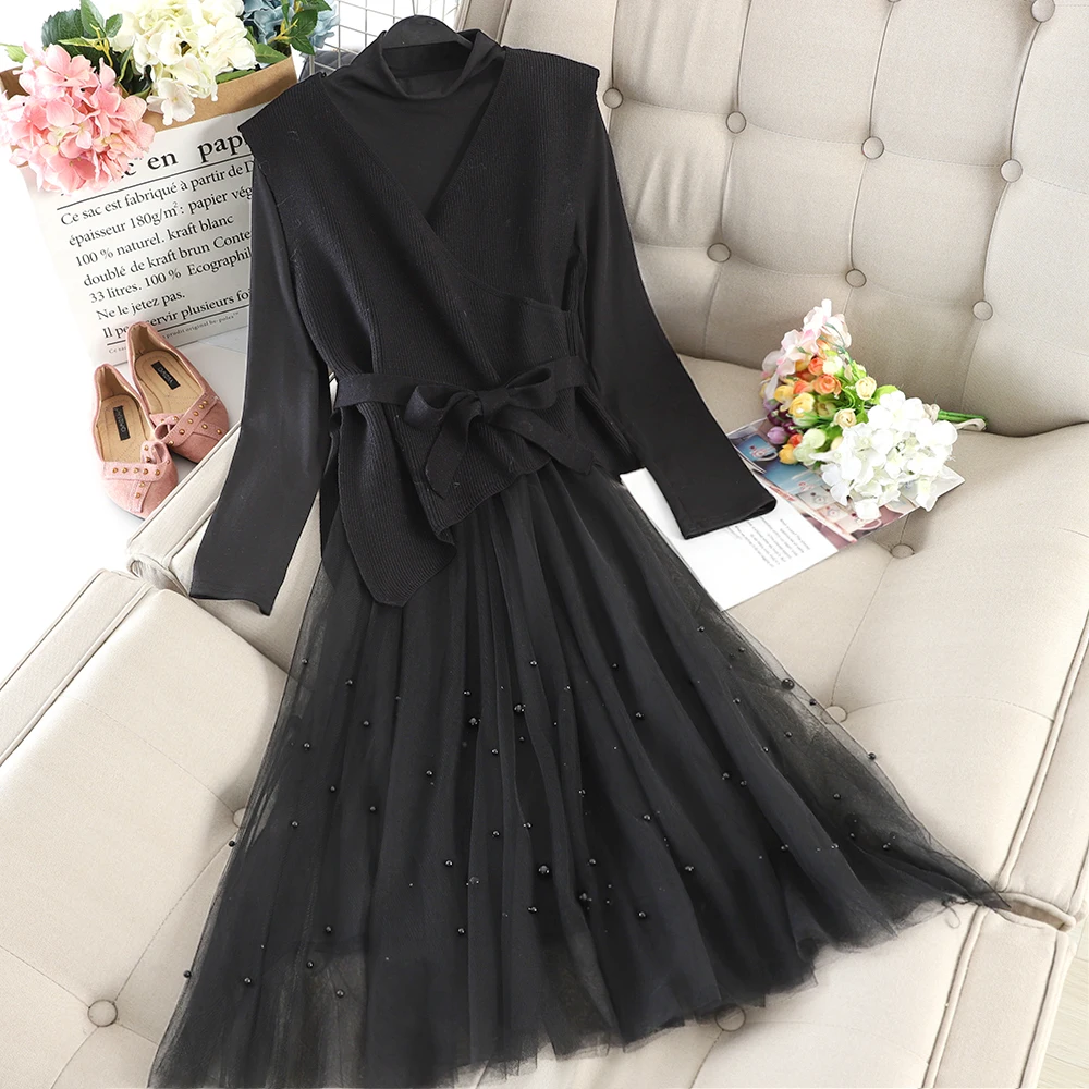 Women Dress 2 шт. женский длинный рукав бандажный ремень жемчужный свитер с бисером трикотажное платье с бантом Эластичный Тонкий Сетчатый пуловер Вечерние Платья Миди - Цвет: Women Dress