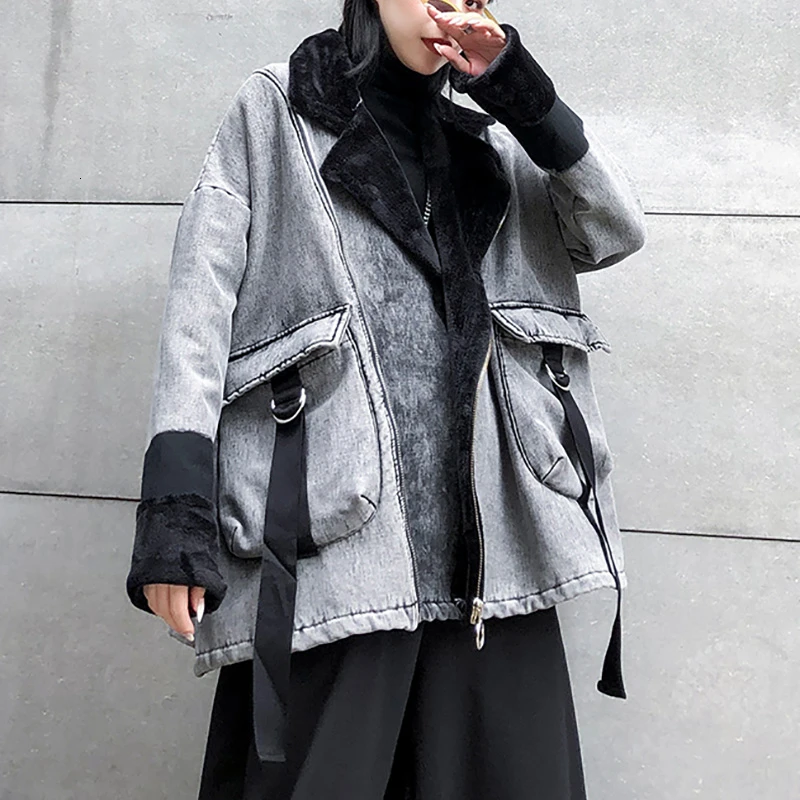 SeeBeautiful New Fashion Autumn Winter Contrast Color Lapel Long Sleeve Zipper Pockets Denim Loose Jacket Coat Woman Q157