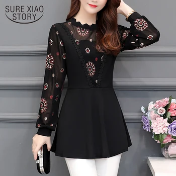 

Fashion 2020 Spring New Black Lace Gold Print Long Shirts Hollow Women Tops and Blouses Long Sleeve Slim Bottomed Shirt 8078 50