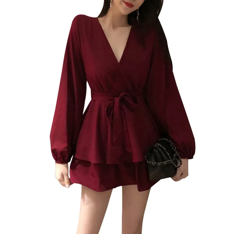 

Fashion Loose Casual Deev V Long-sleeved High-waist Rompers Sexy Trend Solid Color Women's Playsuits