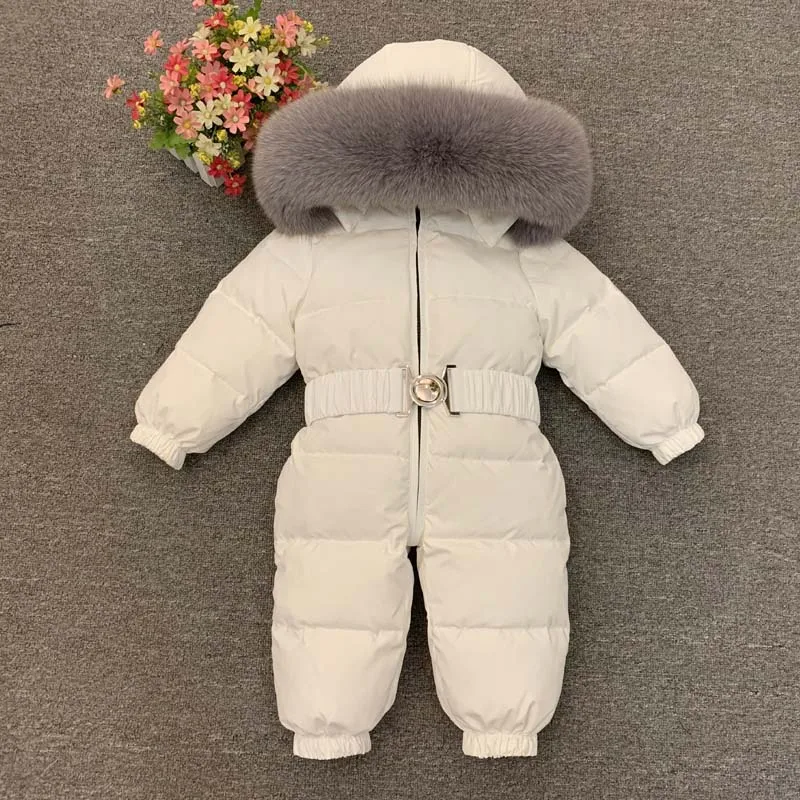 Luxury Large Real Fur Collar Infant Baby Snowsuit Thick Warm Down Rompers Hooded Toddler Boys Girls Jumpsuit One-pieces Ski Suit