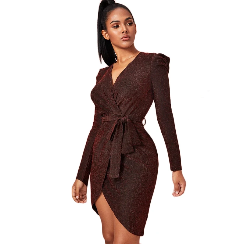SHEIN Бургундия с поясом обёрточная бумага Блеск Bodycon Вечерние платья для женщин осень сплошной V образным вырезом с длинным рукавом облегающие Короткие гламурные платья