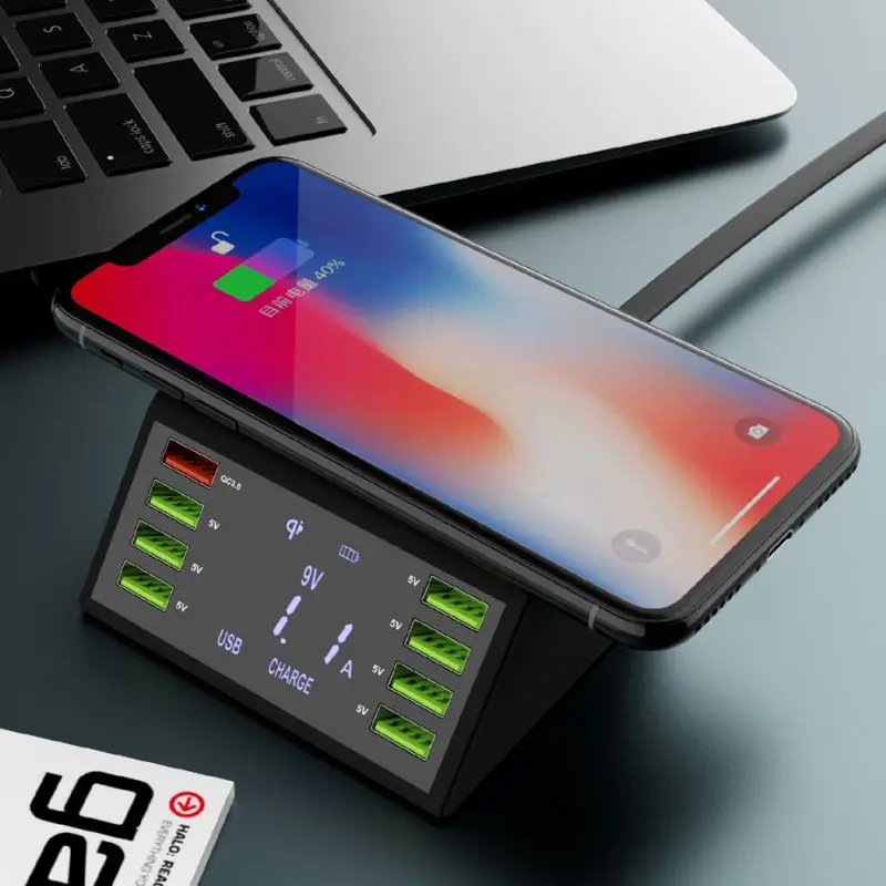Digital Display 8-USB Ports Mobile Phone Smart Charger QC3.0 Wireless Fast Charging UA/EU/UK Plug Smart Phone Charger