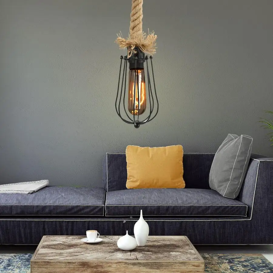 

AC 100-240V LED Ceiling Lamp Vintage E27 Base Iron Hemp Rope Chandelier Light For Cafe Bar Home Droplight