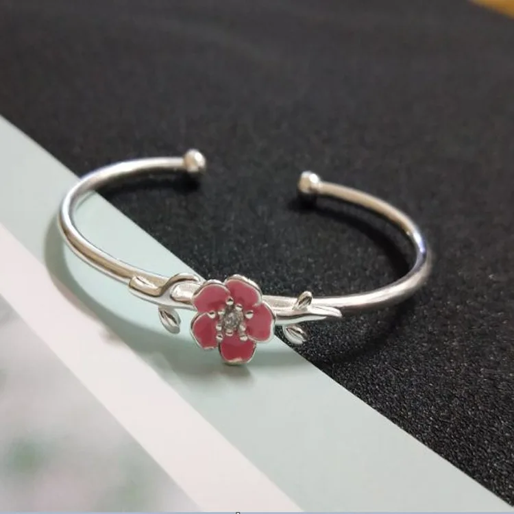 

S925 sterling silver twig bracelet with adjustable opening pink plum jewelry