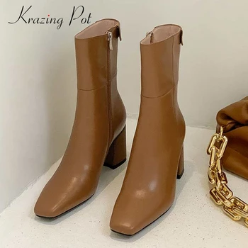 

Krazing pot Chelsea boots genuine leather modern square toe thick high heel zipper elegant lady dating mature mid-calf boots L76