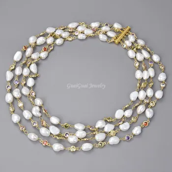 

GuaiGuai Jewelry 18" 4 Strands Freshwater White Baroque Pearl Multi Color Cz Chain Necklace