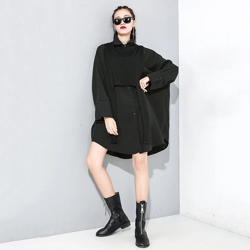 [EAM] Женская Черная блуза из двух частей с разрезом большого размера, новая рубашка свободного кроя с отворотом и длинным рукавом, модная весенняя Осенняя 1M889