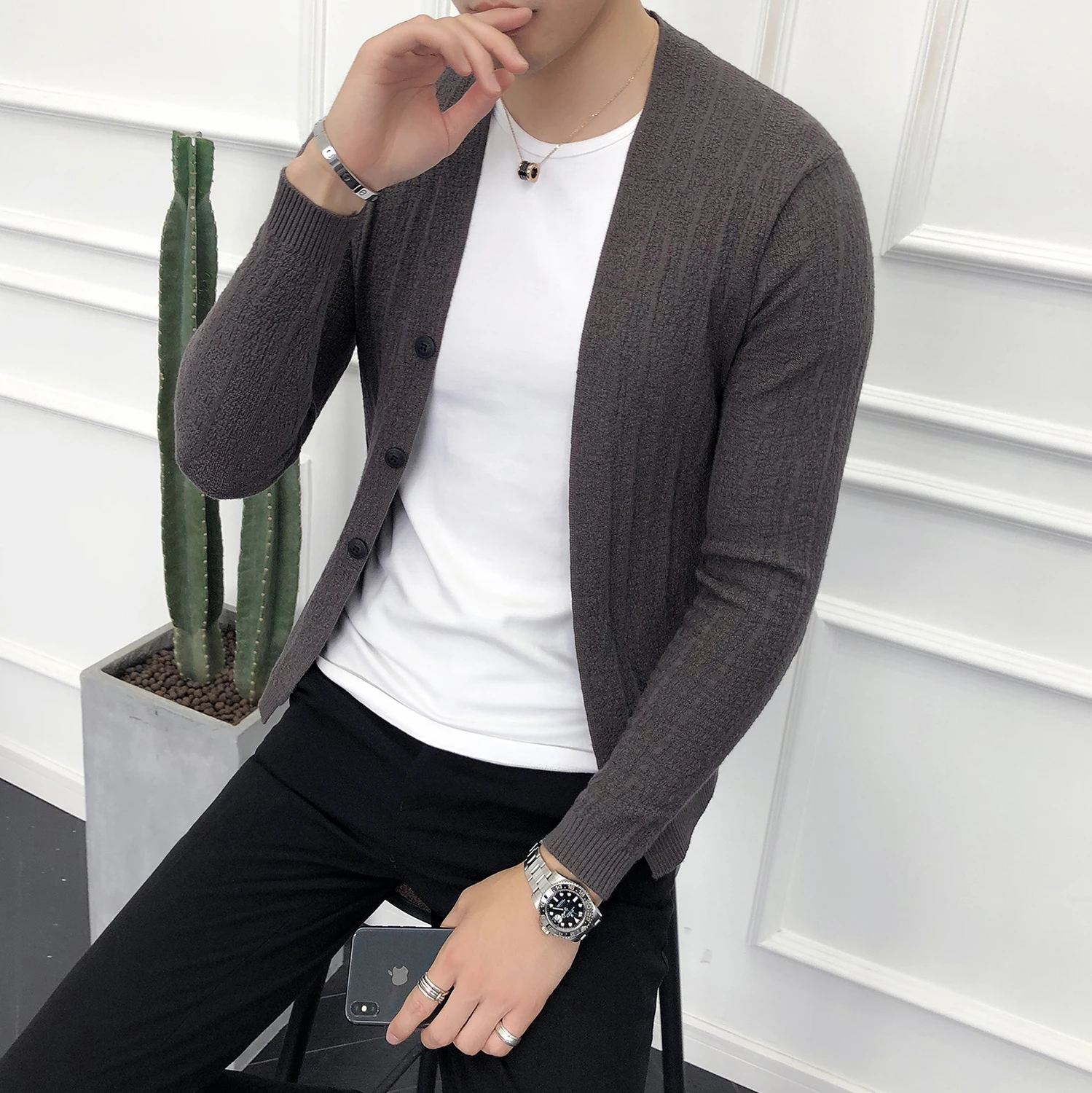 Осенний мужской свитер, роскошный 3d полосатый вязаный кардиган, мужские свитера, модный однотонный приталенный свитер для мужчин размера плюс 4XL