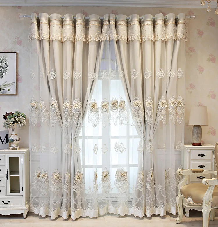 Luxurious Romantic Embossed Embroidery Sheer Curtain For Living room Bedroom Tulle Velvet Lacework Double Layer Window Drapes