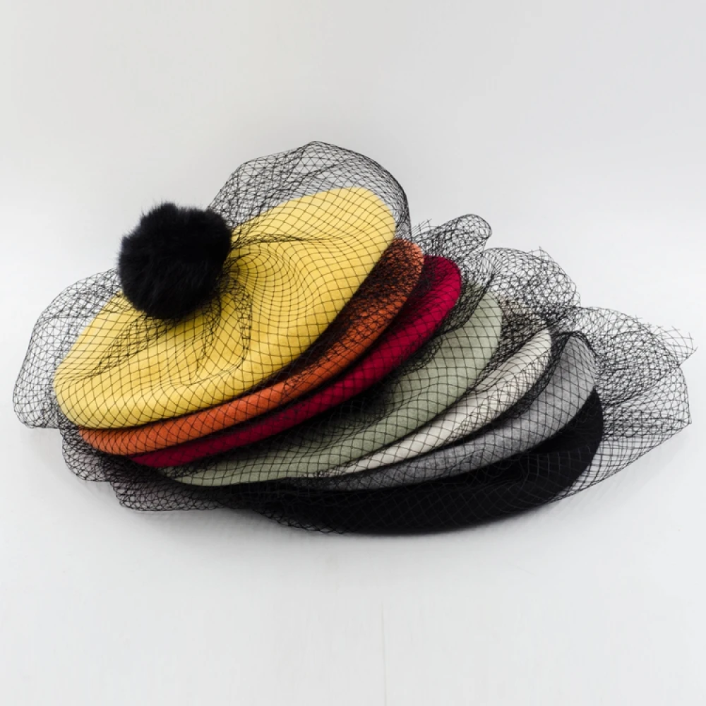 Модный женский шерстяной сетчатый берет, шляпа от солнца, женские эластичные теплые шапки из кроличьей шерсти с помпонами, берет с вуалью, шапочки для девочек, зимняя шапка, шапка для женщин