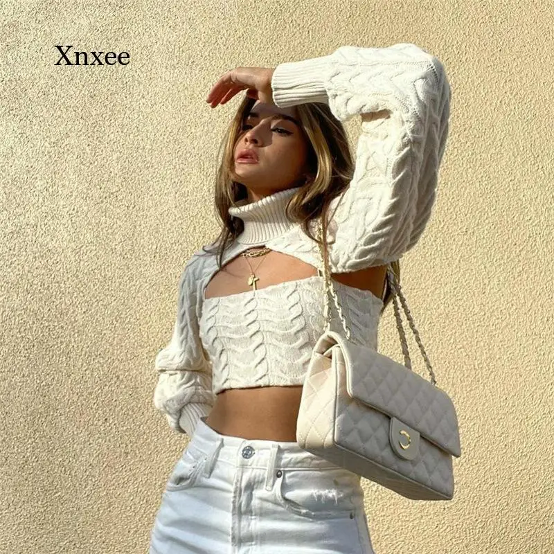 

Knitting Crop Tops Two Piece Set Autumn Long Sleeve Turtleneck Camisole Pullover Sweater Women Solid Slim Stretch Basic Sweaters