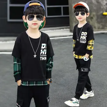 

Baby Boys Clothes Sets 4-13 years old Spring and Autumn 2-pieces-sets Plaid Stitching Printed Sweatshirt + Sweatpants Suits