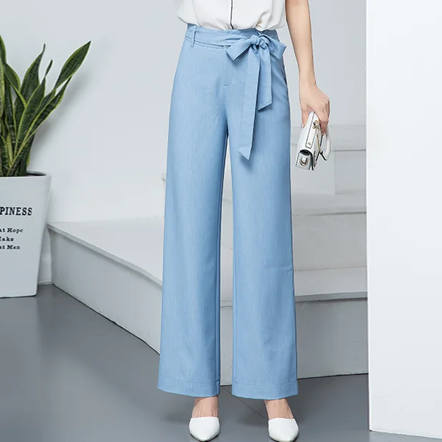 Autumn New Womens Drawstring Soft Denim Jeans Simple Wide Leg Stretchy Trousers Light Dark Blue Plus Size With Belt DA313