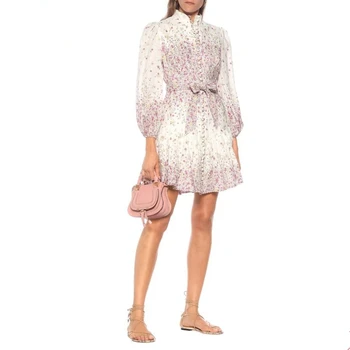 

Autumn Vintage Stand Collar Long Sleeve Printed A-line Mini Dress Women 2020 European Runway Elegant Ruffles Mini Dress