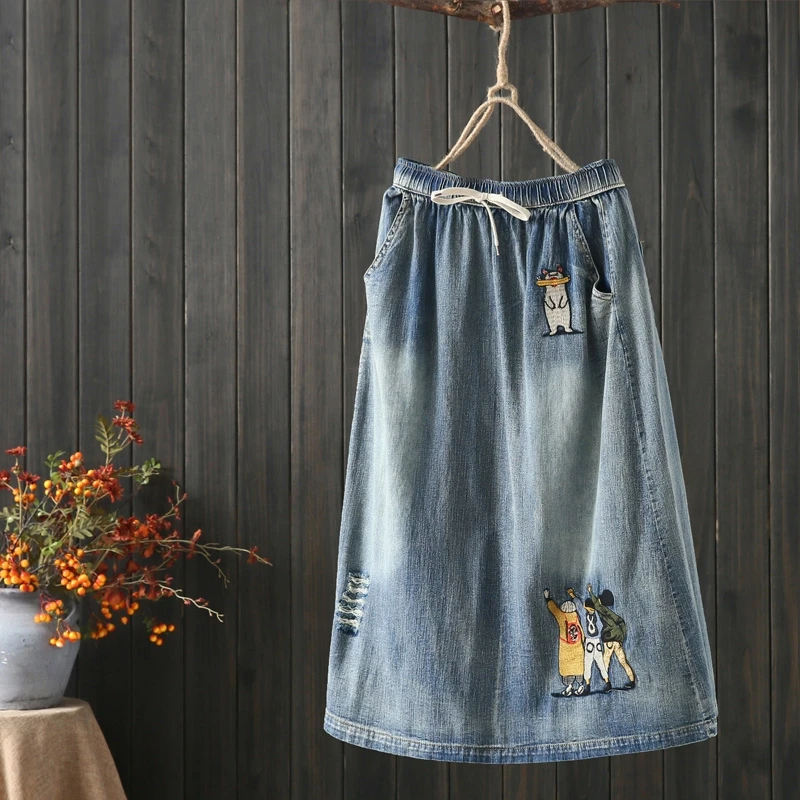 Free Shipping 2021 New Long Mid-calf Skirts Women Elastic Waist Spring Summer Denim Cortton Casual Skirts Blue A-line Embroidery