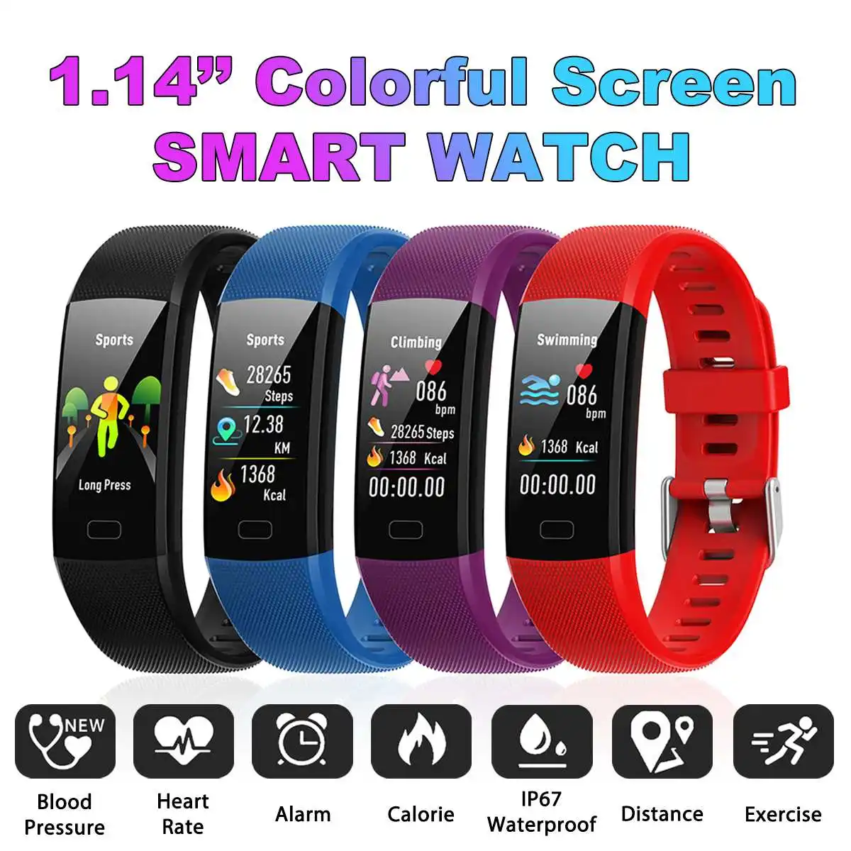 

Sports Waterproof Smart Watch Bracelet Wristband Heart Rate Blood Pressure Blood Oxygen Pedometer 1.14'' TFT Screen Wristband