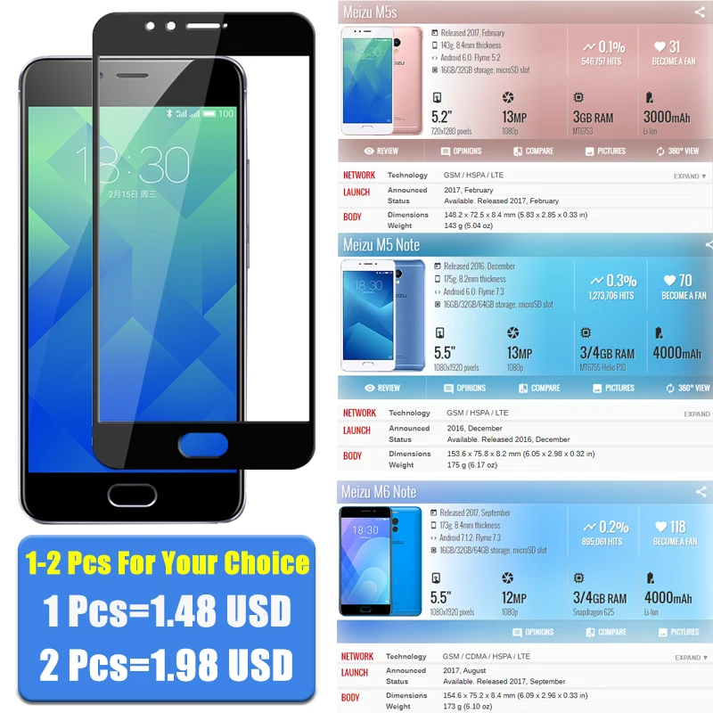 2 шт. Защитное стекло для Meizu M5 M6 Note защита экрана Maisie M5s M 5 6 закаленное 5Note броня 5S