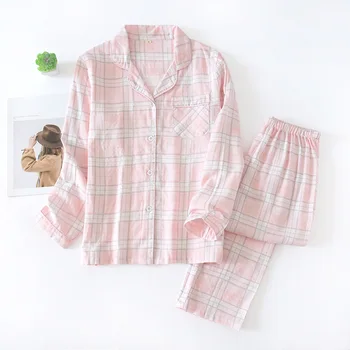 

2020 Spring New Plaid Couple Cotton Gauze 2PCS Pajama Suit Shirt&Pants Men&Women Sleepwear Casual Bathrobe Home Clothing